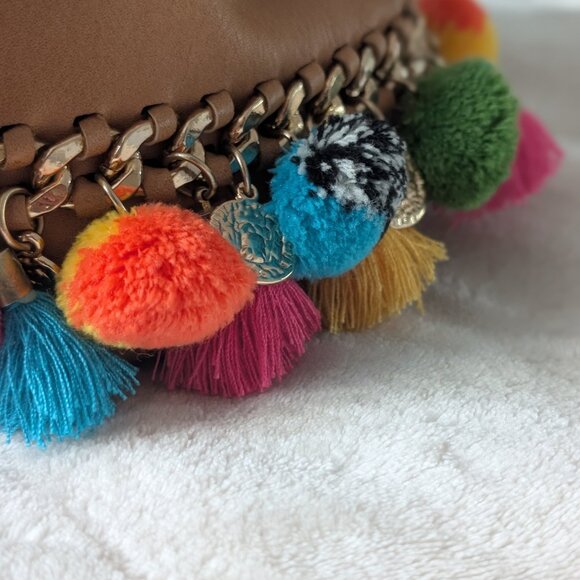 ALDO pom pom tassel bucket purse - tan and colorful - Picture 7 of 12
